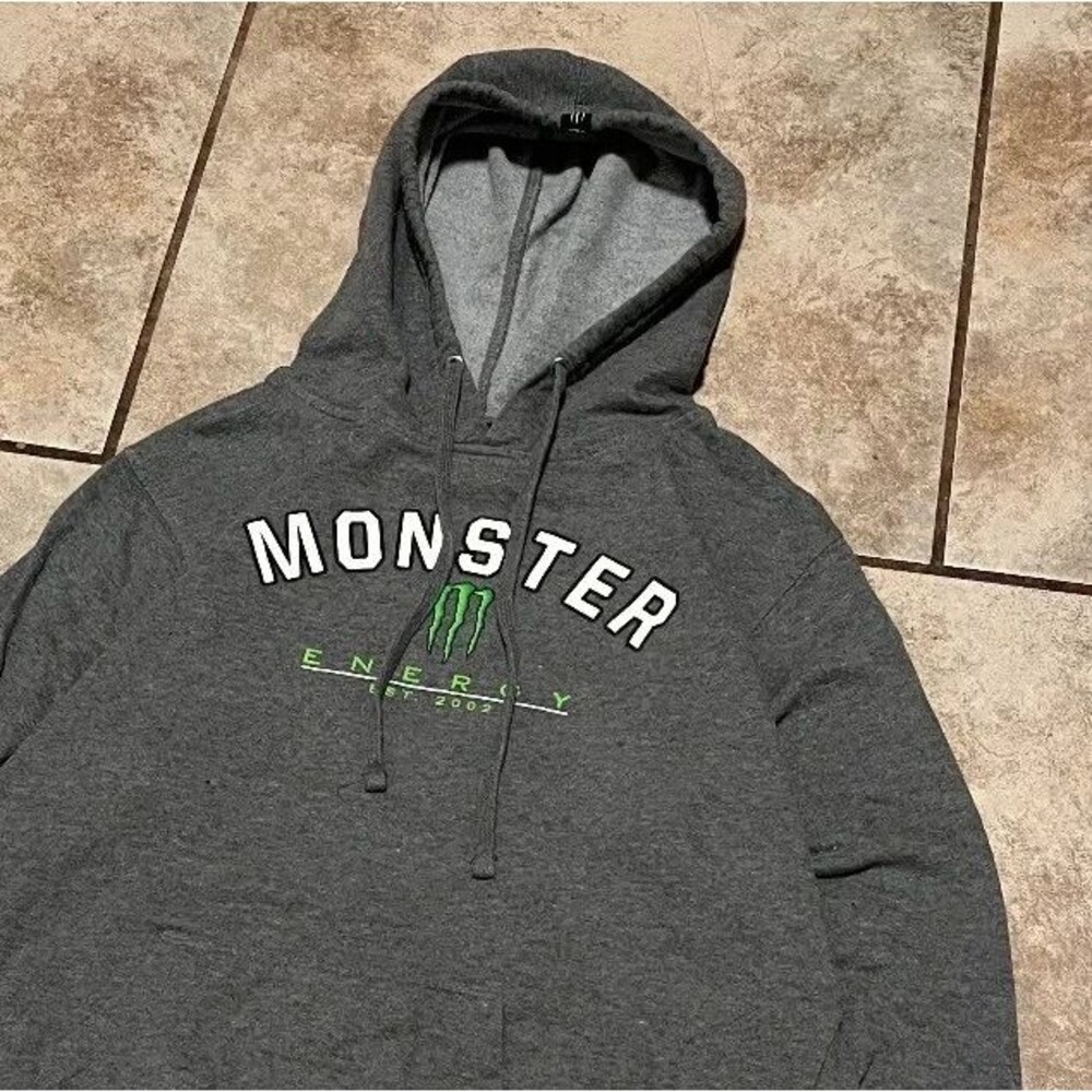 Monster Energy Hoodie Mens Medium M Gray Graphic Pullover Sweatshirt Est 2002
